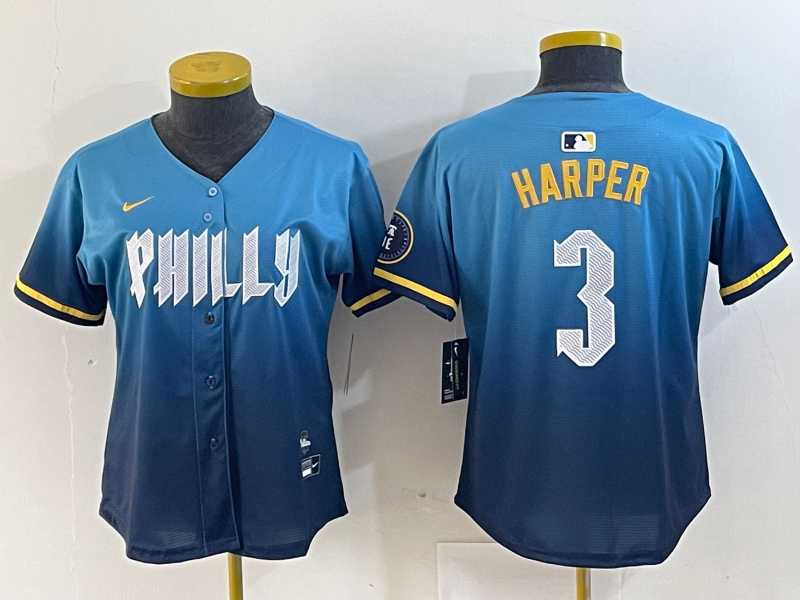 Womens Philadelphia Phillies #3 Bryce Harper Blue 2024 City Connect Limited Stitched Jersey